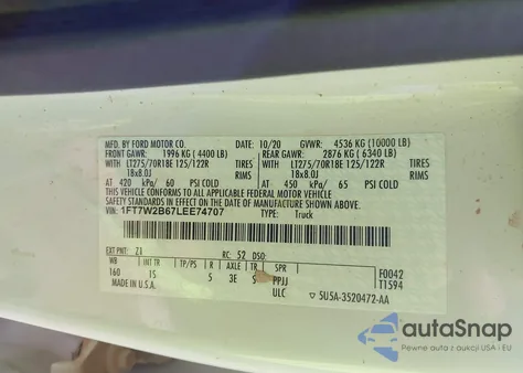 2020 Ford F-250 Xl из США, поврежденный, VIN 1FT7W2B67LEE74707